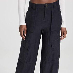 VINCE Women's Wide Leg Cargo Pants Linen Black Size 2 High Rise Relaxed Baggy